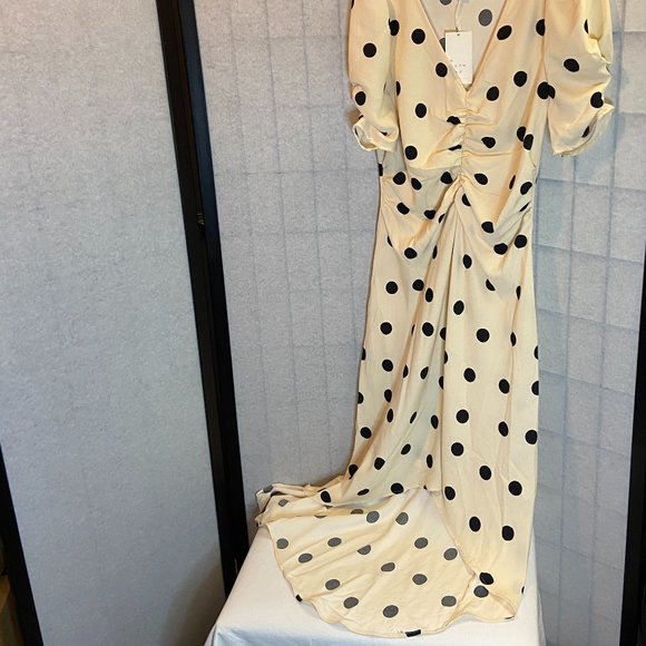 A New Day Crepe Rouched Cinched High Low Dot Dress Cream/Black NWT Short Sleeve - Picture 9 of 11